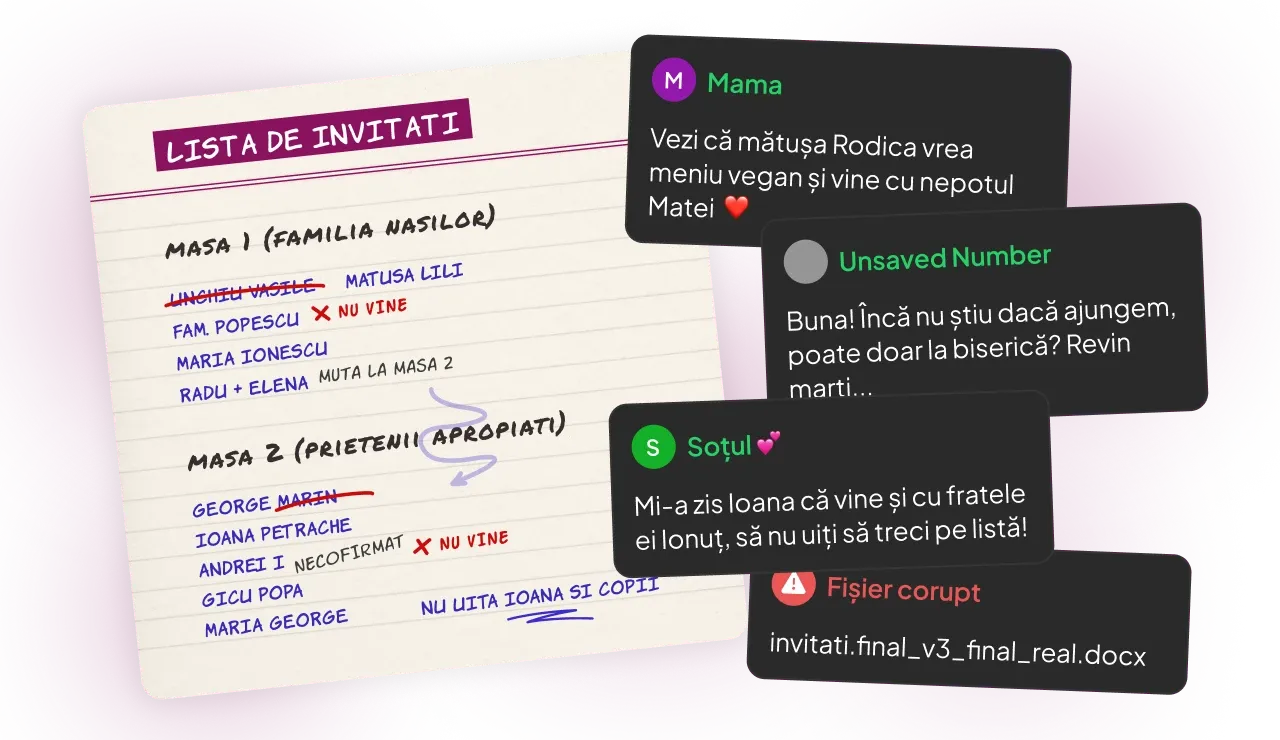 Probleme organizare evenimente manuale - notițe pe hârtie, mesaje pierdute, tabele Excel complicate pentru nuntă și botez