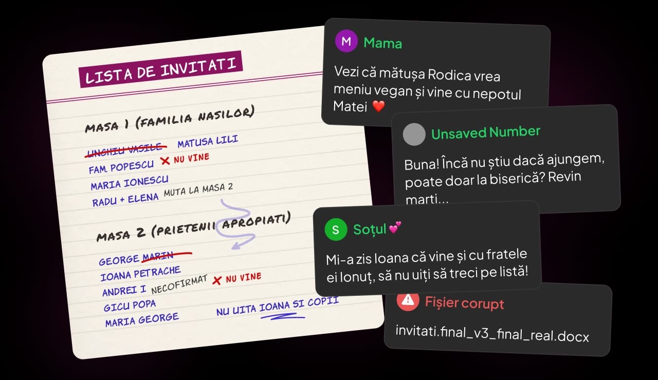 Probleme organizare evenimente manuale - notițe pe hârtie, mesaje pierdute, tabele Excel complicate pentru nuntă și botez