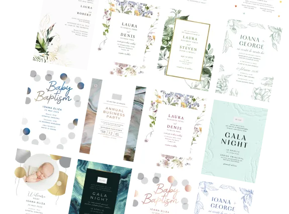 Vezi toate modelele de invitații digitale online, invitații digitale nuntă și botez
